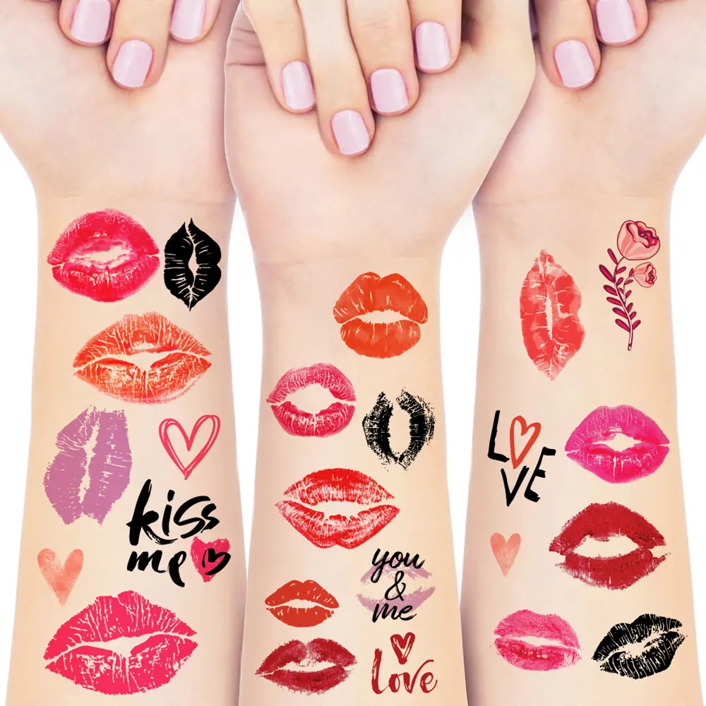 10 أوراق وشم مؤقت مقاوم للماء لعيد الحب ديكور الجسم على شكل قلب الحب قبلة وشم مزيف للنساء ملصقات الزفاف