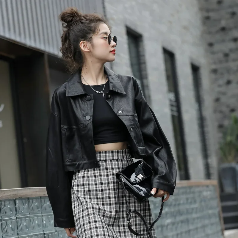 PU Short Jacket Women Autumn Winter Imitation Leather Crop Coats Handsome Versatile Lapel Faux Street Long Sleeves Loose Clothes