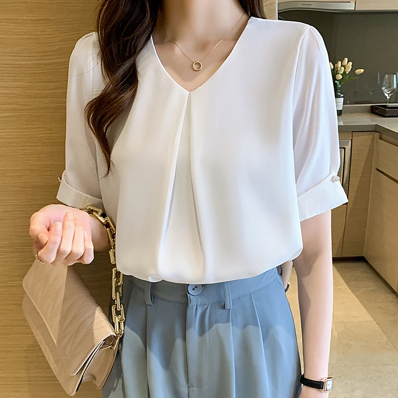 Summer Short Sleeve Women Blouse Casual V-Neck White Chiffon Blouse Shirt Women Tops Blusas Mujer De Moda 2024 Verano Blusa F456