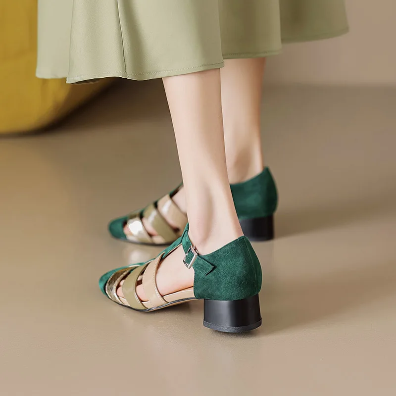 Phoentin Vintage Green Sandals Female Mixed Colors Elegant Woman Shoes With Low Heels T-Strap Shoes Narrow Bands FT2400