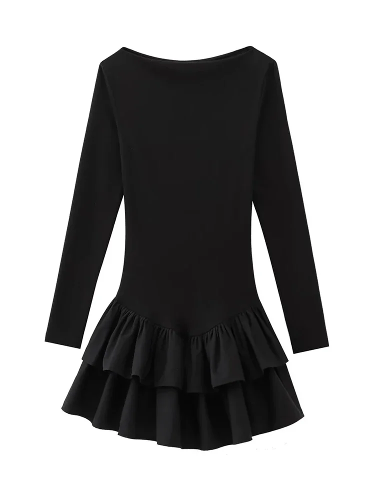 2025 verão nova moda feminina sólido em camadas mini vestidos elegante o pescoço manga longa magro babados vestido de festa streetwear