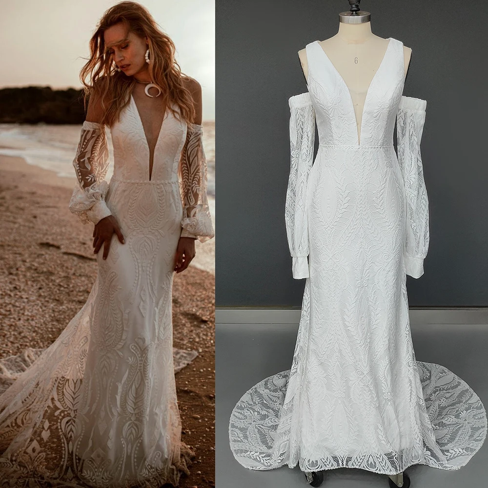 Vestidos de novia bohemios de encaje nórdico con escote en V, Mangas de obispo desmontables a medida, vestido de novia de sirena ajustado con abertura en la espalda