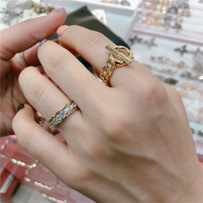 Peri\'sBox 2 Designs OT Clasp Gold Color Rings Curb Link CZ Stone Geometric Rings for Women Minimalist Chain Open Ring Adjustable
