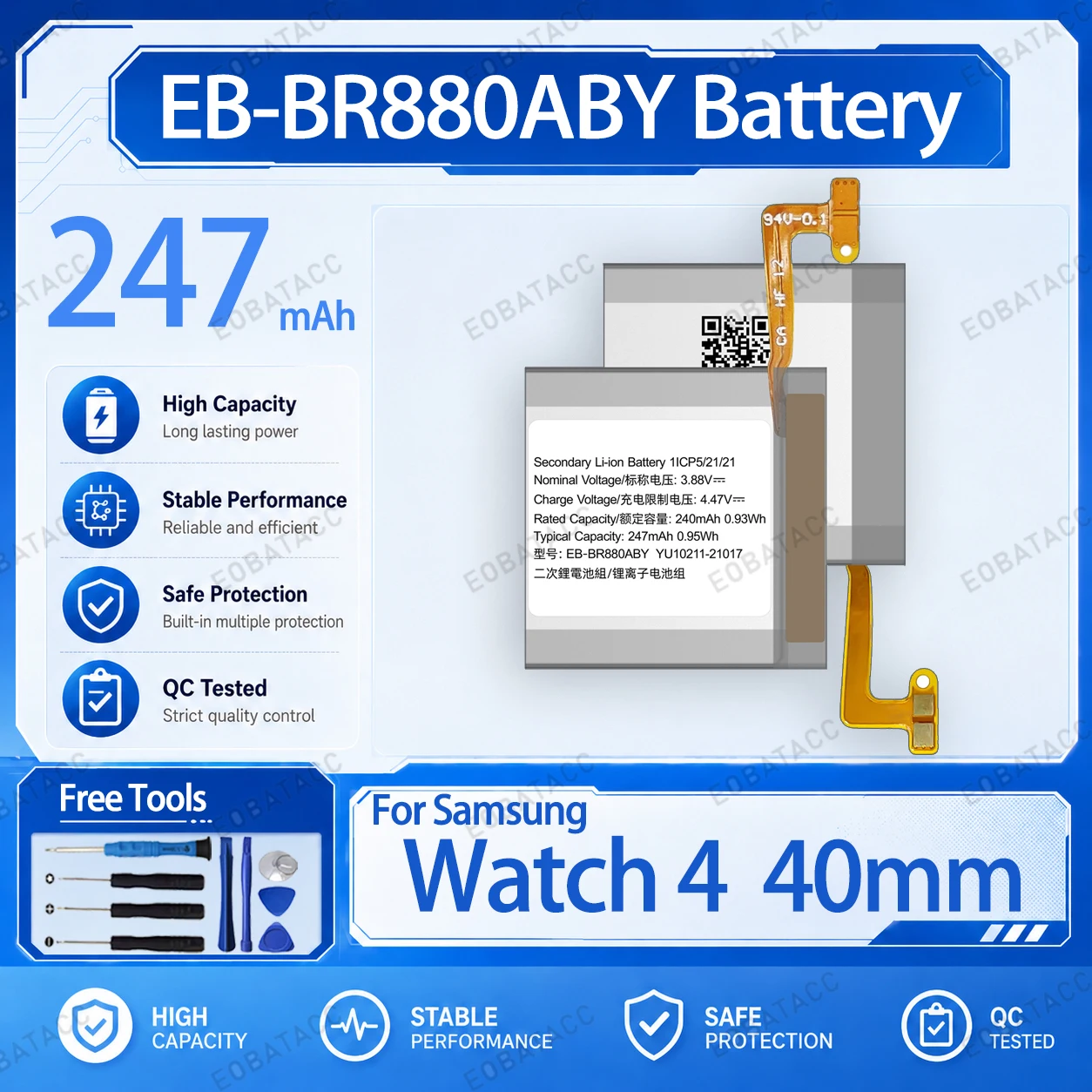 Brand New 247mAh EB-BR880ABY Battery for Samsung Watch 4 40MM/SM-R880/Watch 4 42MM Repair Tools Kit