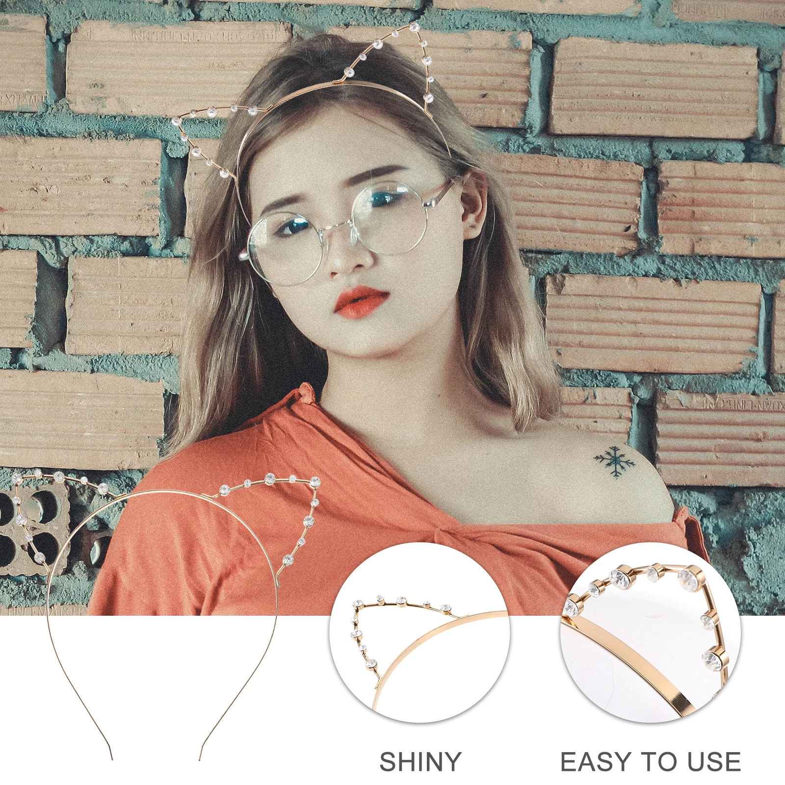 

Cat Ears Headband 17x17CM Golden Rhinestone Metal One Size Fits Women Girls Masquerade Ball Costume Party Prom Wired Hair Tool