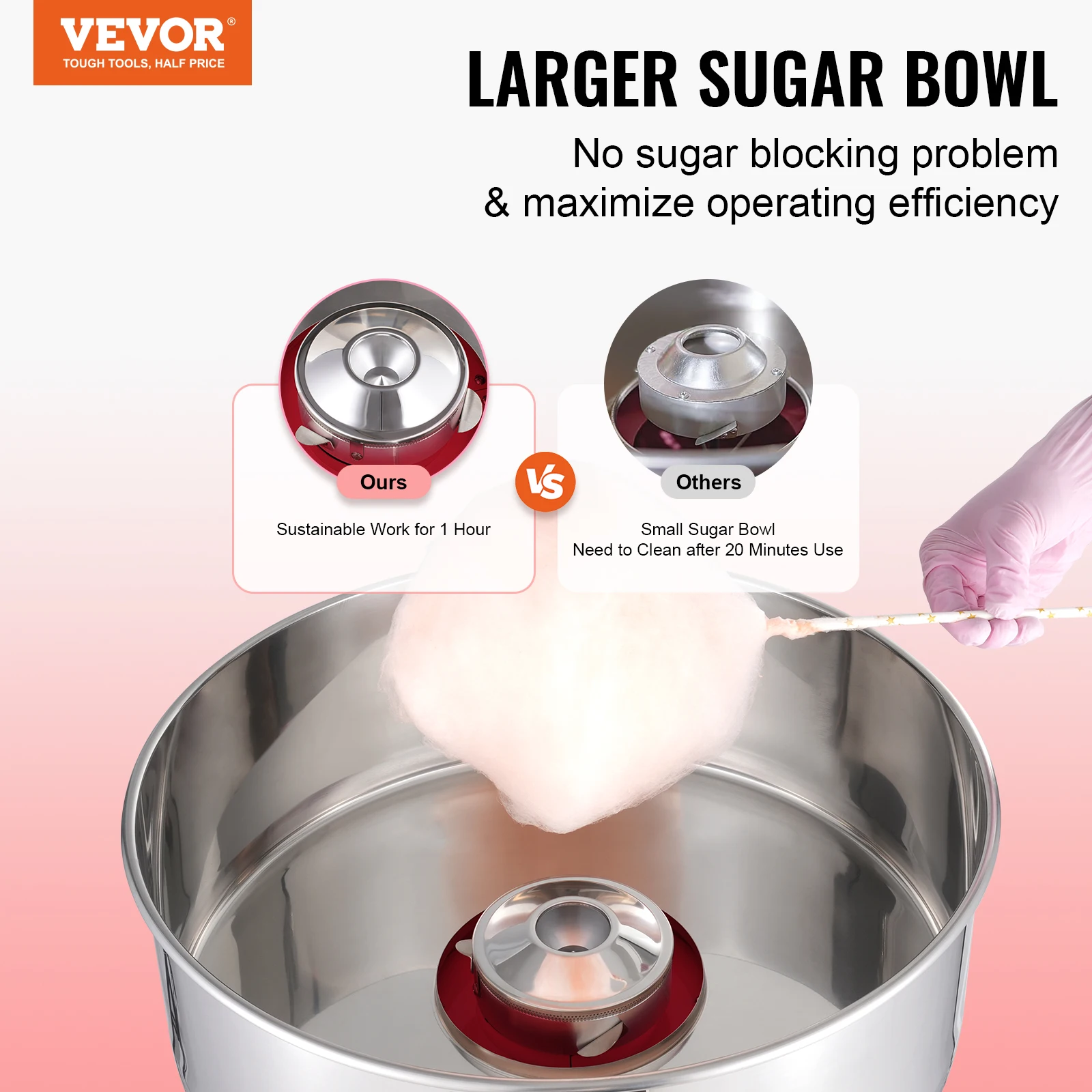 VEVOR 1000W Electric Cotton Candy Machine Commercial Candy Floss Maker with Stainless Steel Bowl Sugar Scoop and Drawer Red Blue