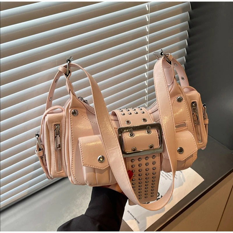 Mehrtaschen-Schultertasche mit Metallnieten, Damen-Punk-Unterarmtasche mit Nieten, Motorrad-Y2k-Mädchen-Umhängetasche mit Gürtelschnallendesign – Detail 18