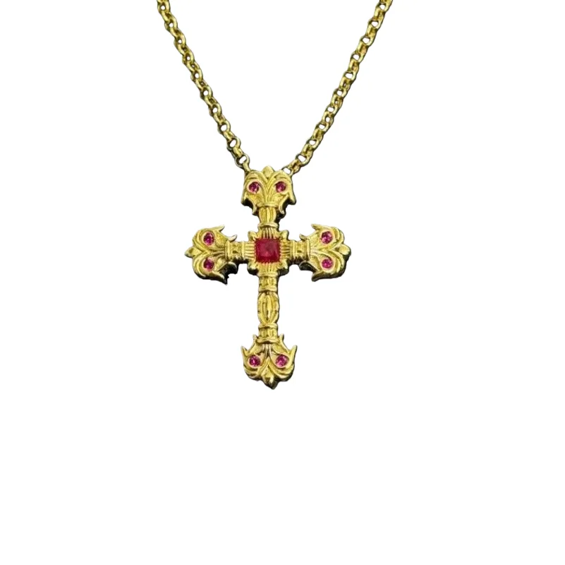 

Vintage Gold Ornate Cross Pendant Necklace with Ruby Accents – Dramatic Gothic Luxury Jewelry