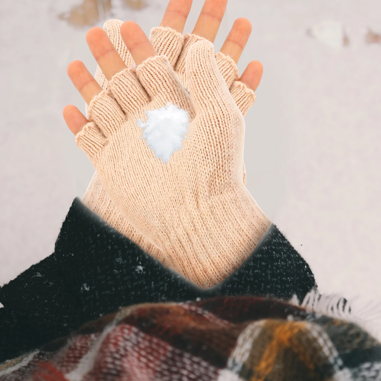 

1 Pair Winter Thermal Knitted Gloves For Women Half Finger Warm Convertible Mittens Touch Screen Cycling Hand Warmer
