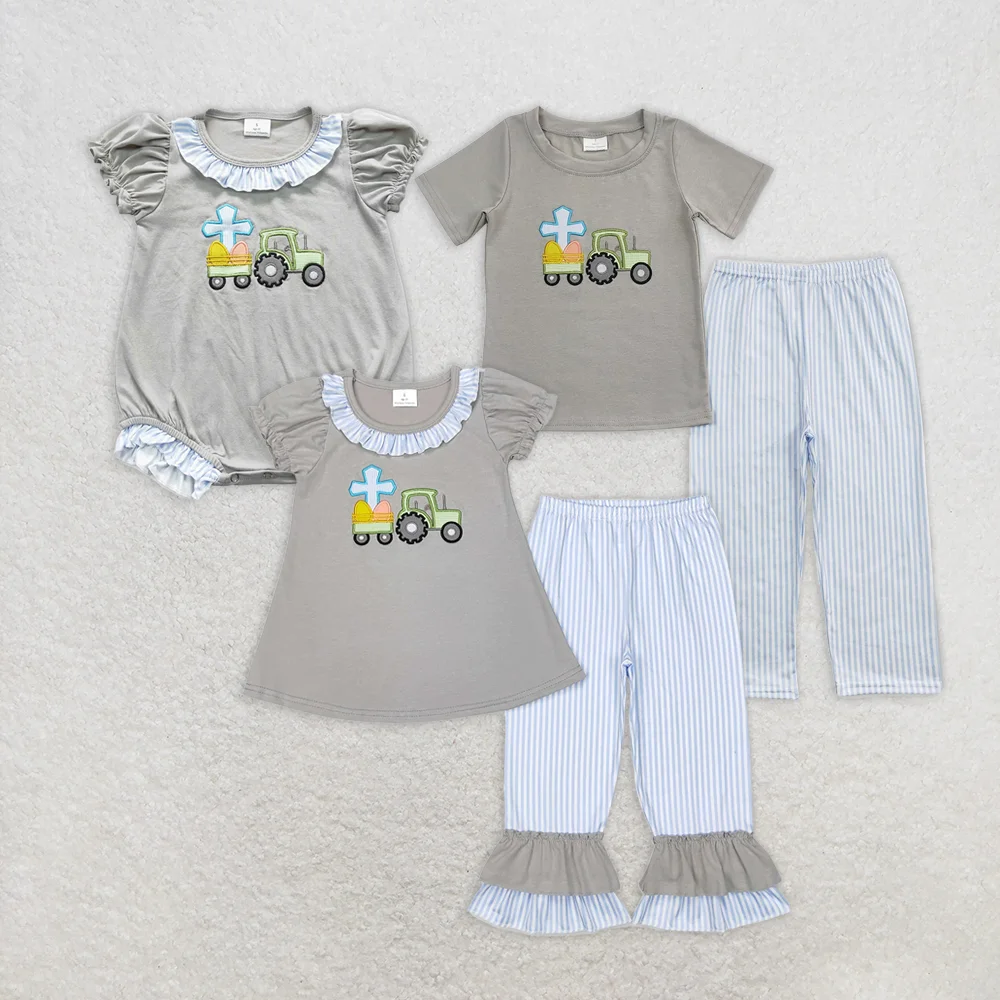 

BSPO0194 Wholesale New toddler baby rompers girls embroidery easter Short Sleeve pant sets Summer boutique baby boy clothes sets