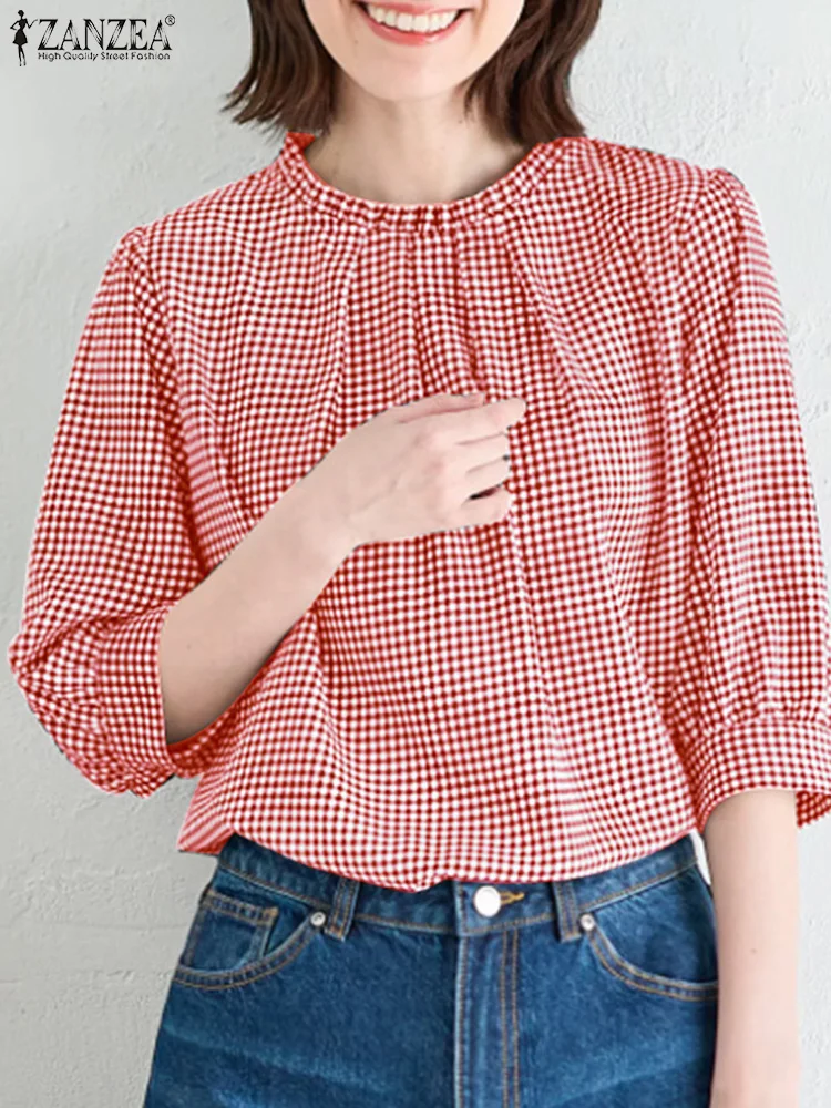 

Summer Elegant 3/4 Sleeve Work Blouses 2025 ZANZEA Women Plaid Checked Tops Fashion Holiday Shirts Casual O Neck Loose Blusas