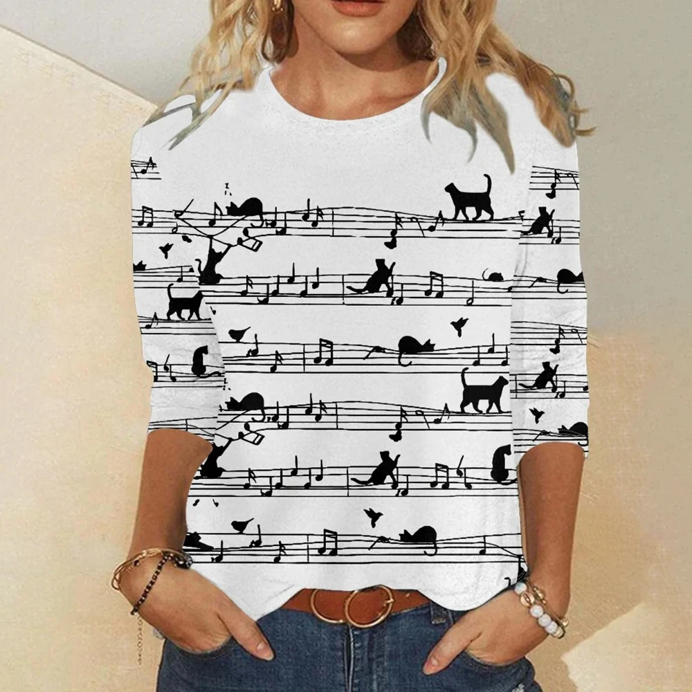 

Fall New Women's T-shirts Funny Music Cat Print Long Sleeves T shirt Fashion O-neck Cotton Women Clothing Tops Loose Streetwear