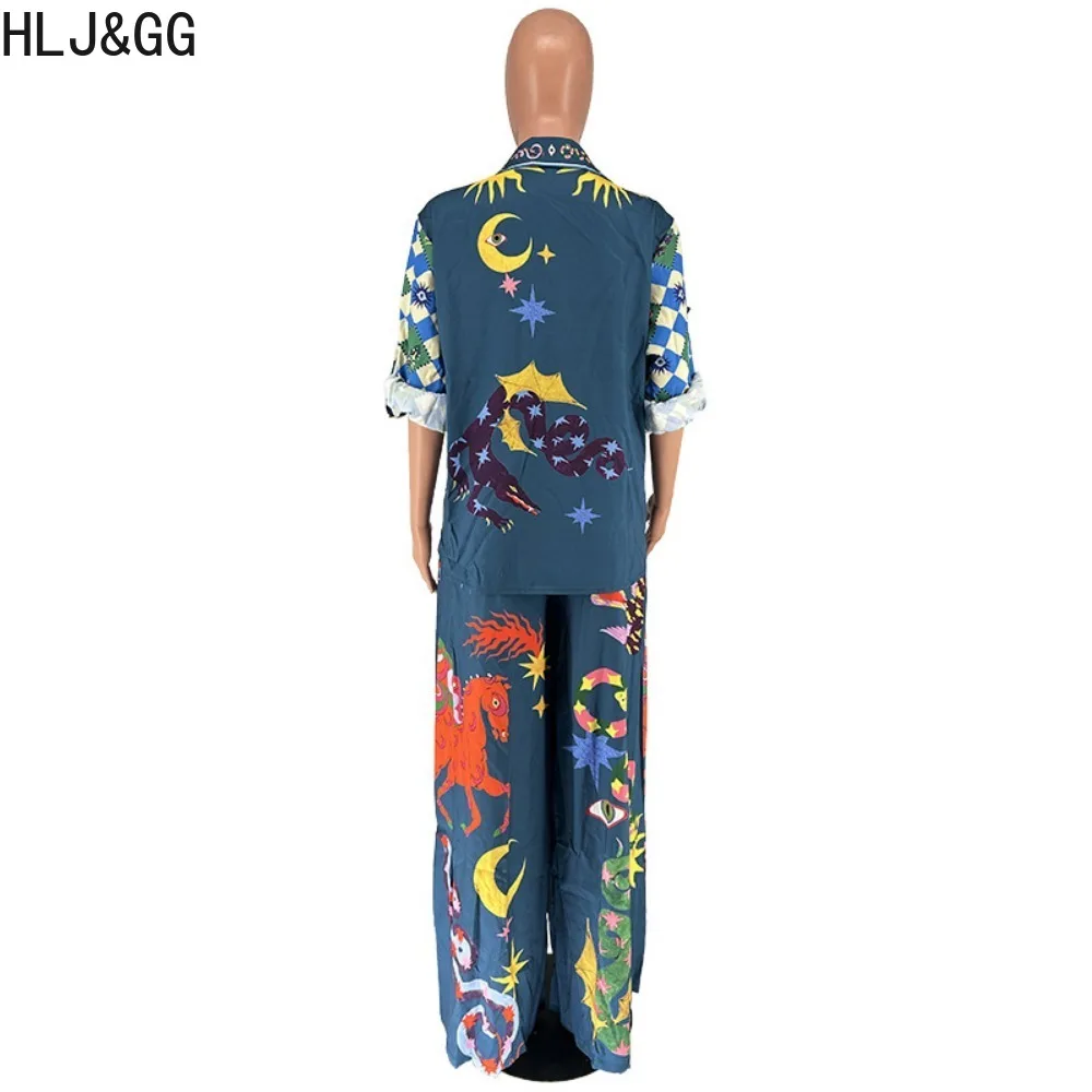HLJ&GG Casual Pattern Print Wide Leg Pants Two Piece Sets For Women Button Short Sleeve Top And Pants Outfits Female Clothing