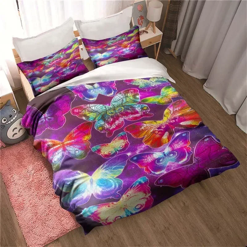 3D printed color butterfly mushroom beach pattern three-piece set, beautiful home decoration quilt pillowcase, birthday gift