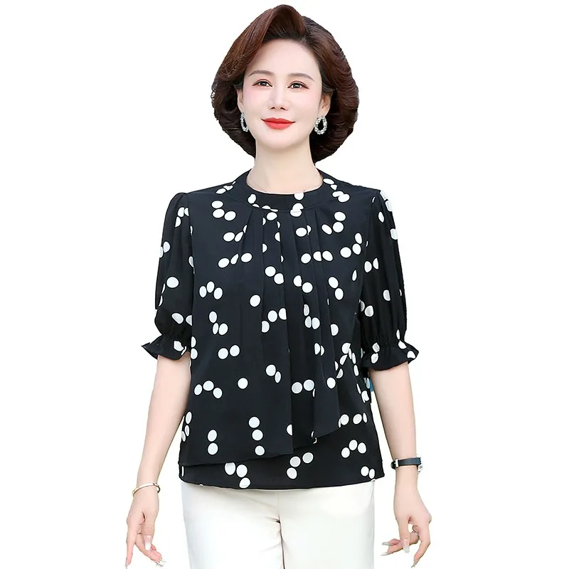 Fashion Commute Round Neck Polka Dot Chiffon Shirt Summer New Casual Korean FemaleSpliced Short sleeved Blouse Women\'s Clothing