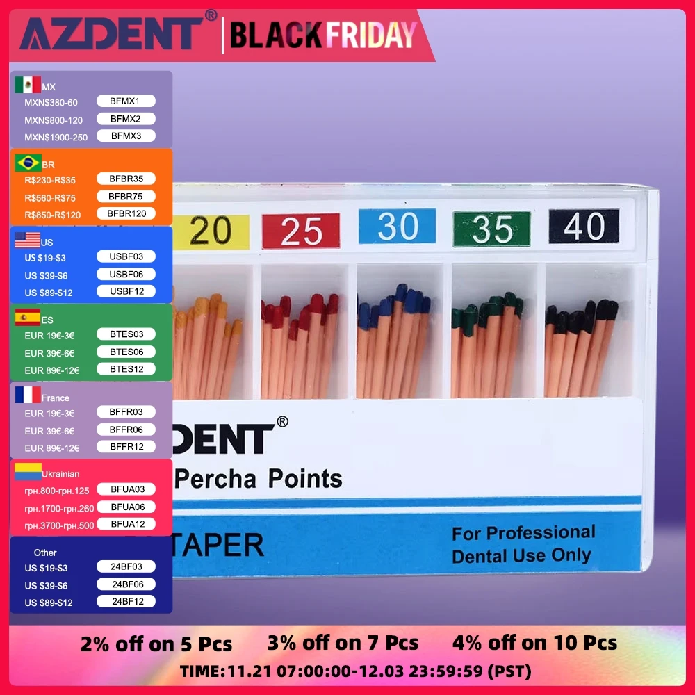 60 unids/caja puntos de gutapercha Dental AZDENT Gapadent puntos de gutapercha cónico 0,04 tamaño 15 # /20 # /25 # /30 # /35 # /40 # /15-40 #