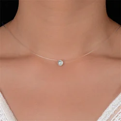 Fashion Shiny Crystal Necklace For Women Female Transparent Fishing Line Round Zircon Choker Minimalist Clavicle Chain Jewelry