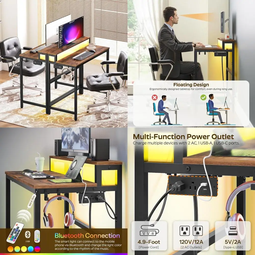 

Small Computer Desk with Charging Station and LED Lights, Gaming Desk with Monitor Stand, 2-Tier Home Oice Desk with 4 Side Hook
