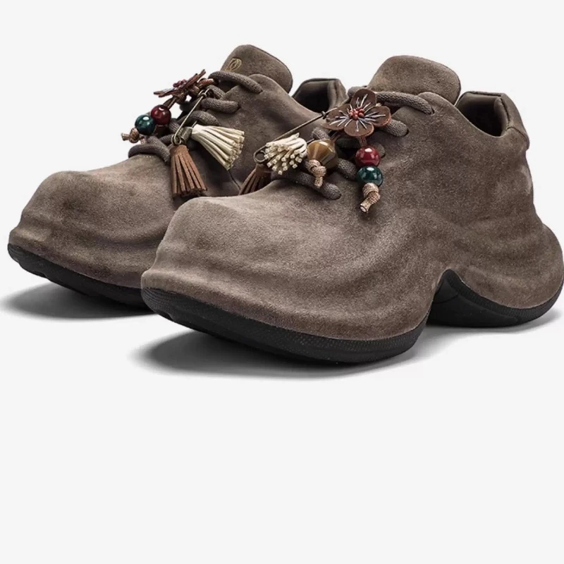 

Autumn/winter Retro Dad Shoes for Women's Bead Style Design Chunky Sneakers Height Increasing Shoes Genuine Leather Casual Shoes