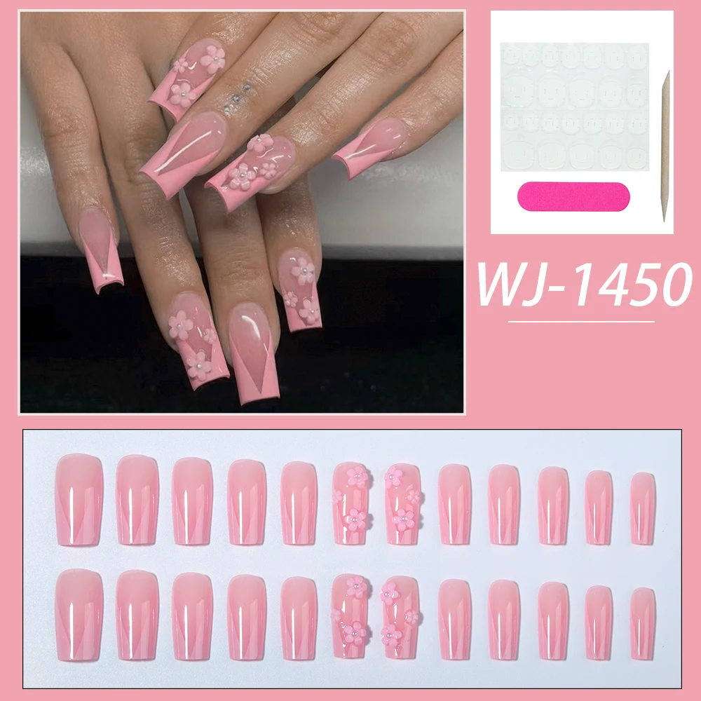 24 قطعة/المجموعة اضغط على أطراف الأظافر تزيين بالأزهار الوردية الفرنسية الاكريليك وهمية الأظافر، تناسب تماما وتصميم متوسط الطول للحلقة