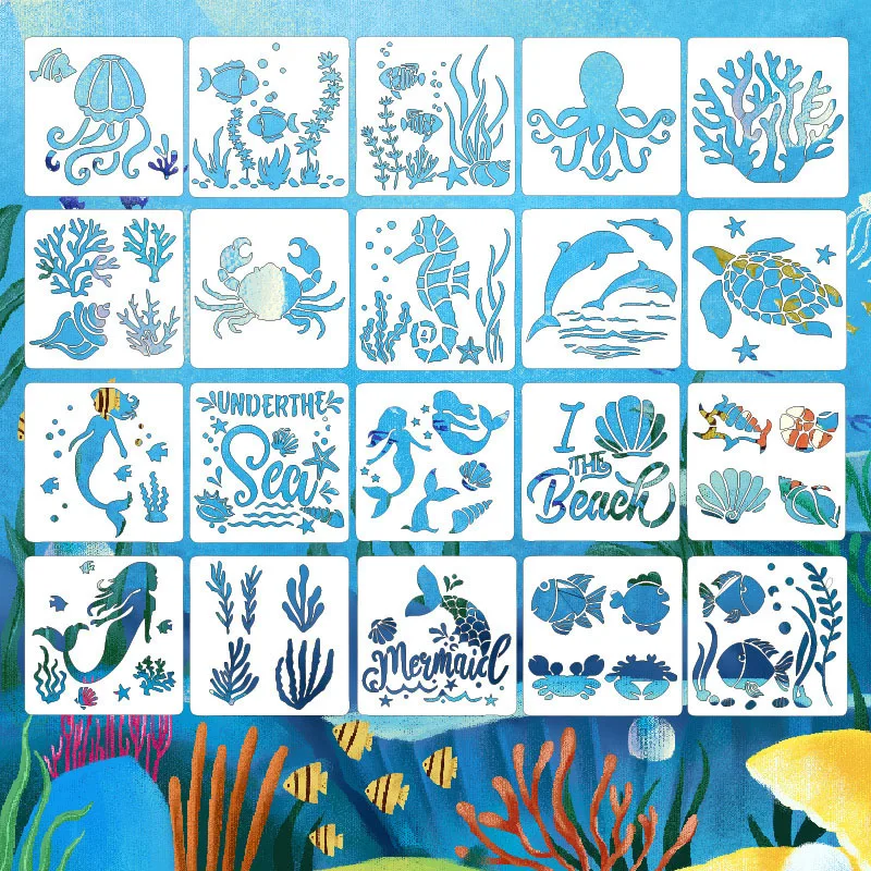 4-20pcs Mermaid Sea Ocean Creatures Stencils Templates Set Reusable Undersea Scrabooking Painting Templates Kids DIY Drawing Toy