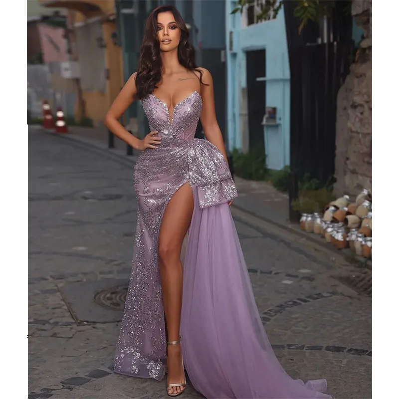 Purple Mermaid Evening Dresses Sleeveless V Neck Sparkly Beaded Appliques Sequins Floor Length Side Slit Formal Prom Dresses