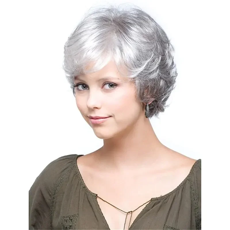 Grandmother grey wig ombre short wavy synthetic wigs curly american women heat resistant fiber hair