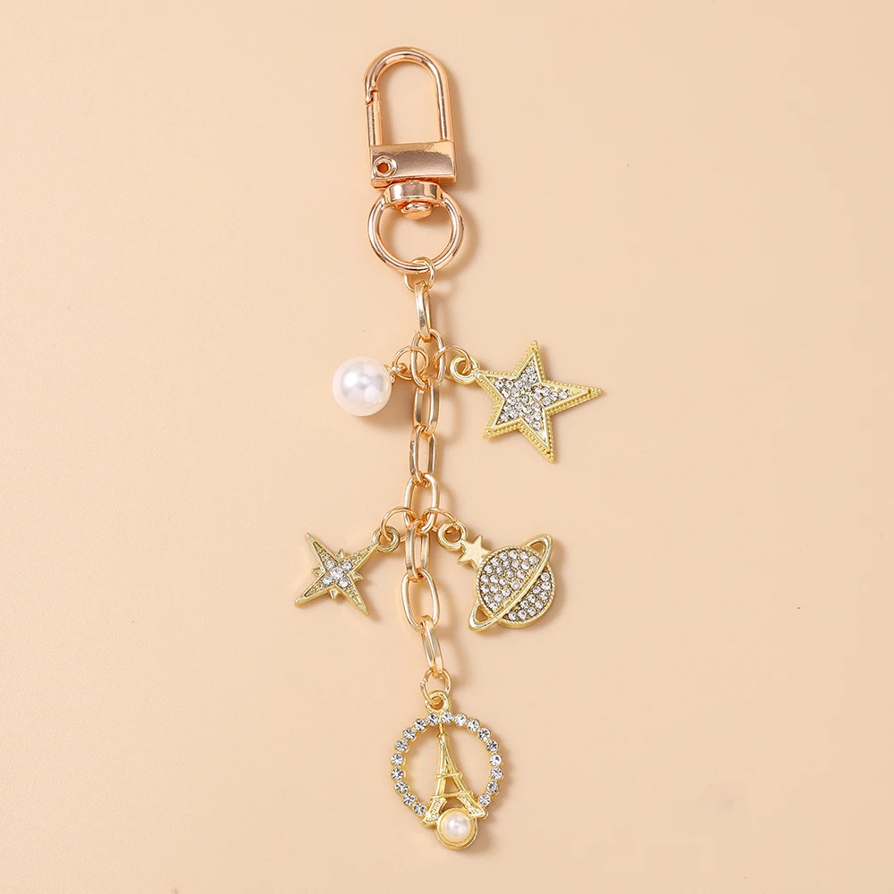 Aihua Niedlicher Kristall-Stern Schlüsselanhänger Perlen-Eiffelturm Schlüsselring Anhänger für Frauen Mädchen Handtaschen-Deko Charms DIY Schmuck – Detail 2