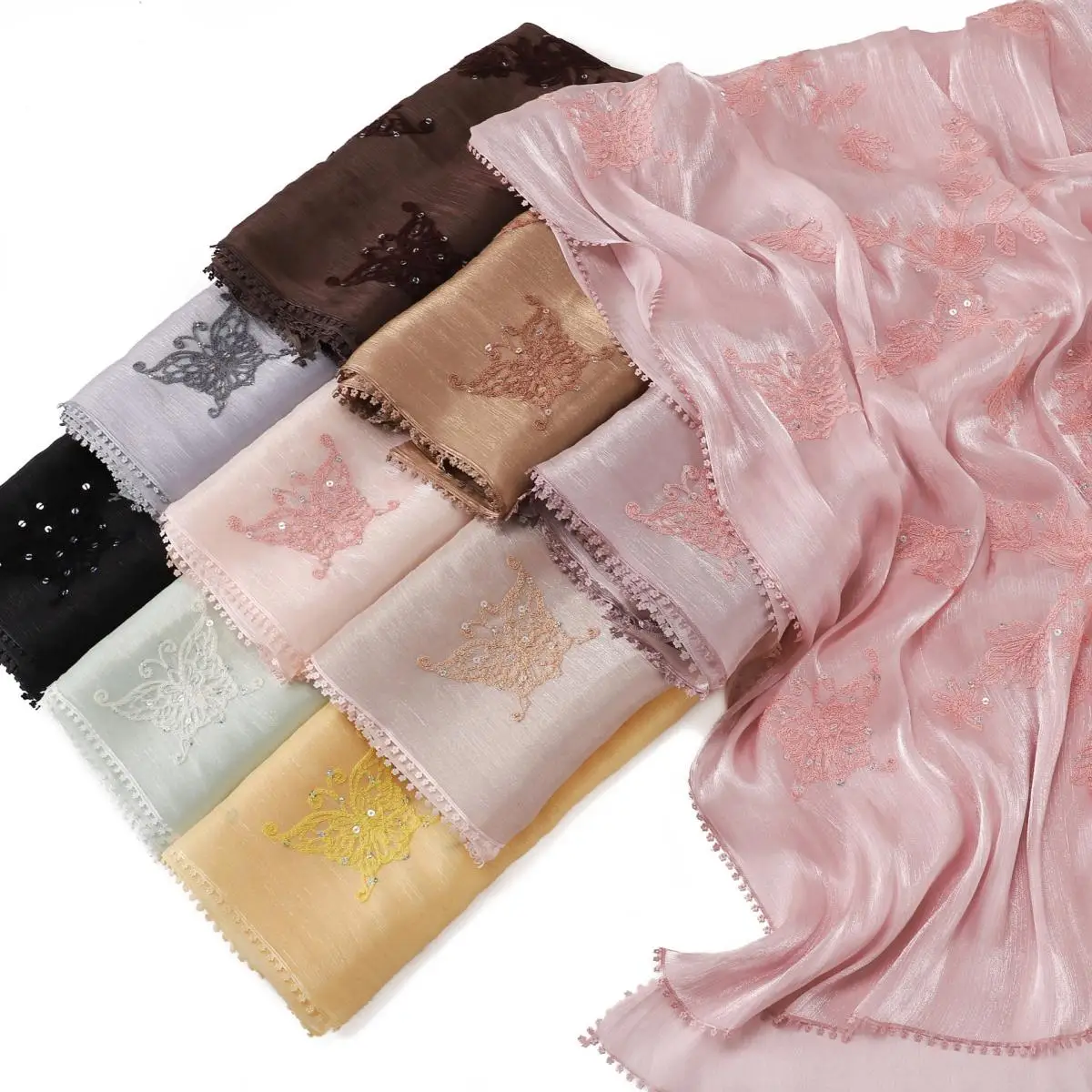 Tudung Shawl Premium 3D Bow Sequin Embroidery Hijab Soft Elegant for Muslimah Women Islamic Long Head Scarf