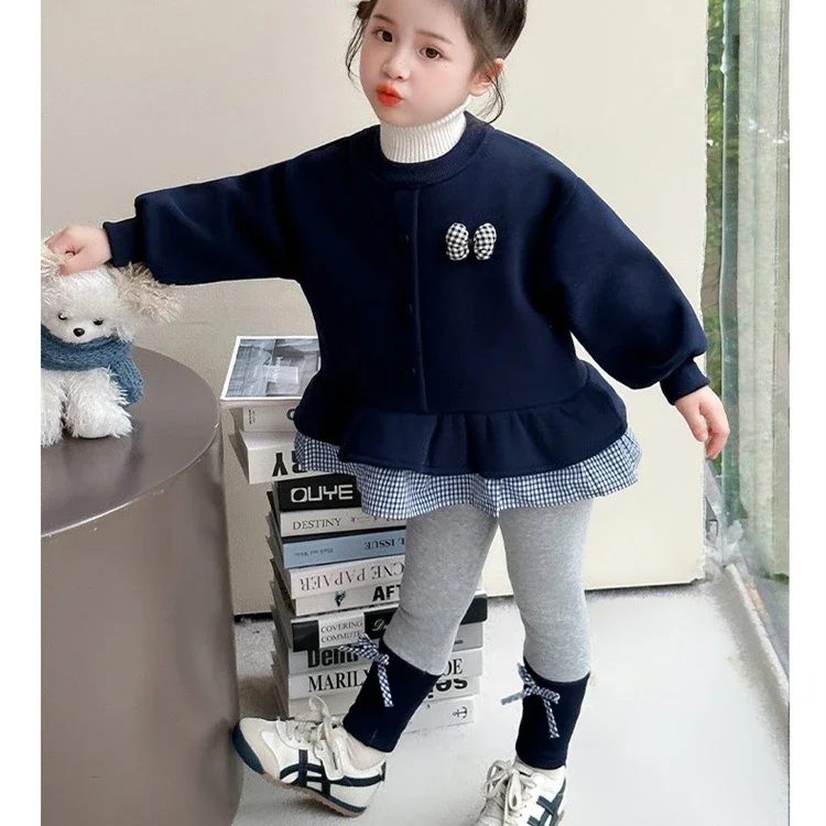 Girls Suit 2026 Spring And Autumn New Childrens Clothing Girls Baby Plaid False Two Plush Hoodie Leggings Two Sets Casual