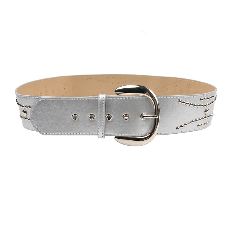 SUCHCUTE Rivet Goth Punk Silver Leather Belts for Women Pin Buckle Streetwear Y2K Style Accessories Wide Jeans Belt Waistband
