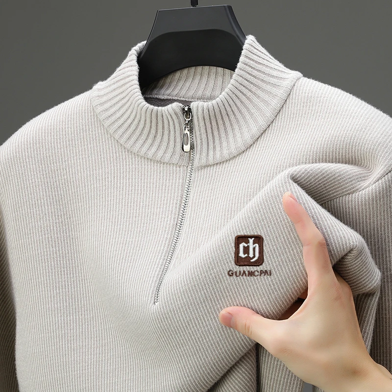 

Качественный мужской трикотаж с длинными рукавами на флисовой подкладке, утолщенный воротник с воротником-стойкой и половиной молнии, весенний пуловер с вышивкой буквами, мужская одежда для отдыха