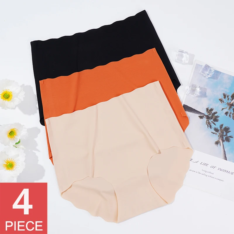 

4Pcs/set Invisible Panties Women Seamless Briefs Female Underpants High Waist Wave Underwear Solid Color Plus Size 2XL Lingerie