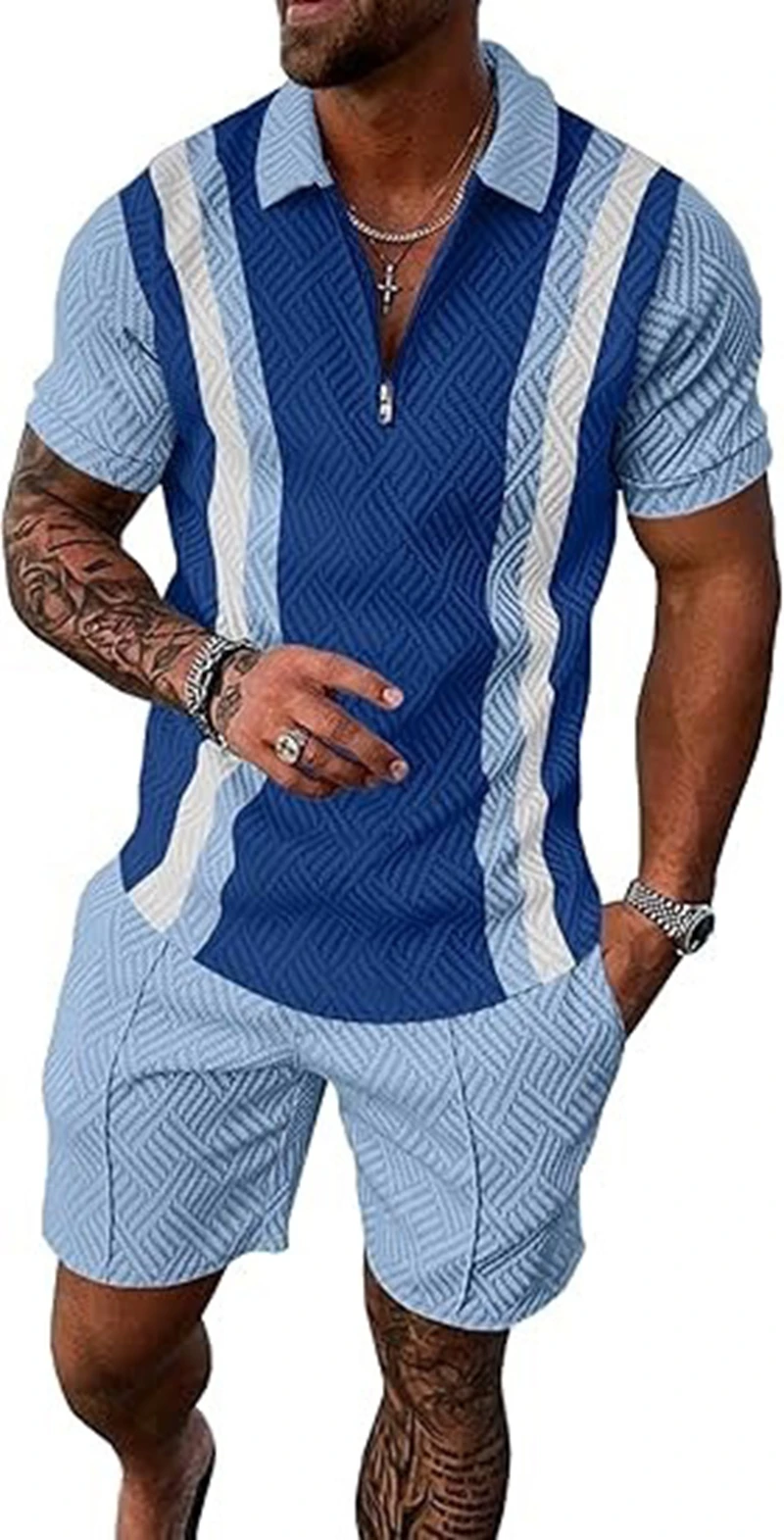 Men's Casual Stripe Print 2Pcs Set Short-Sleeve Lapel Top And Shorts Contrast Color-Block Breathable Fabric Fit Casual Attire