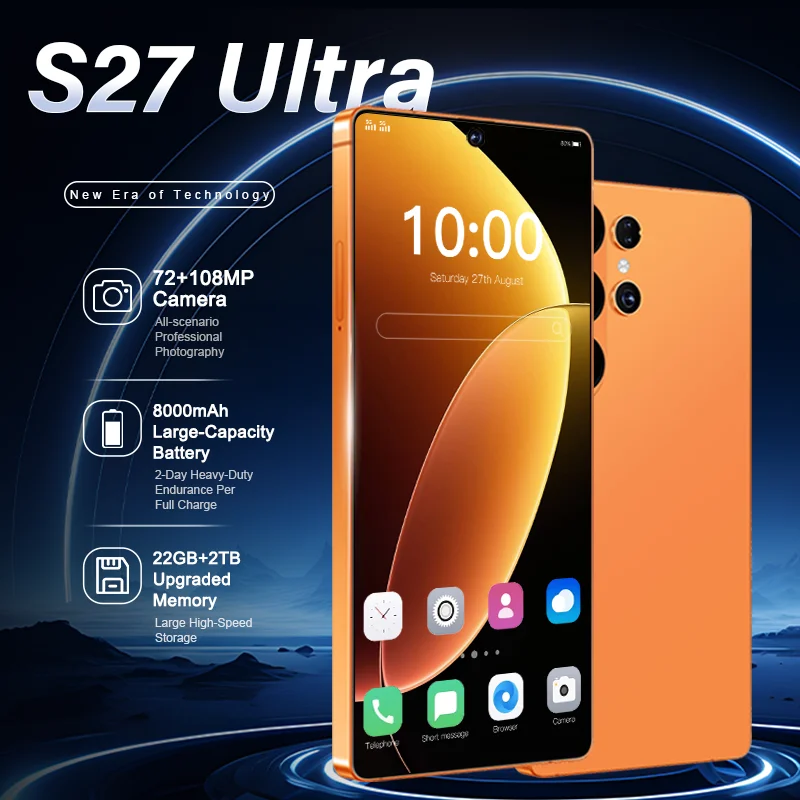 Hot Global Version For S27 Ultra Mobile Cell Phones Original Standby 7.3"HD High Quality 5G 8000mAh Android 108MP Dual Card