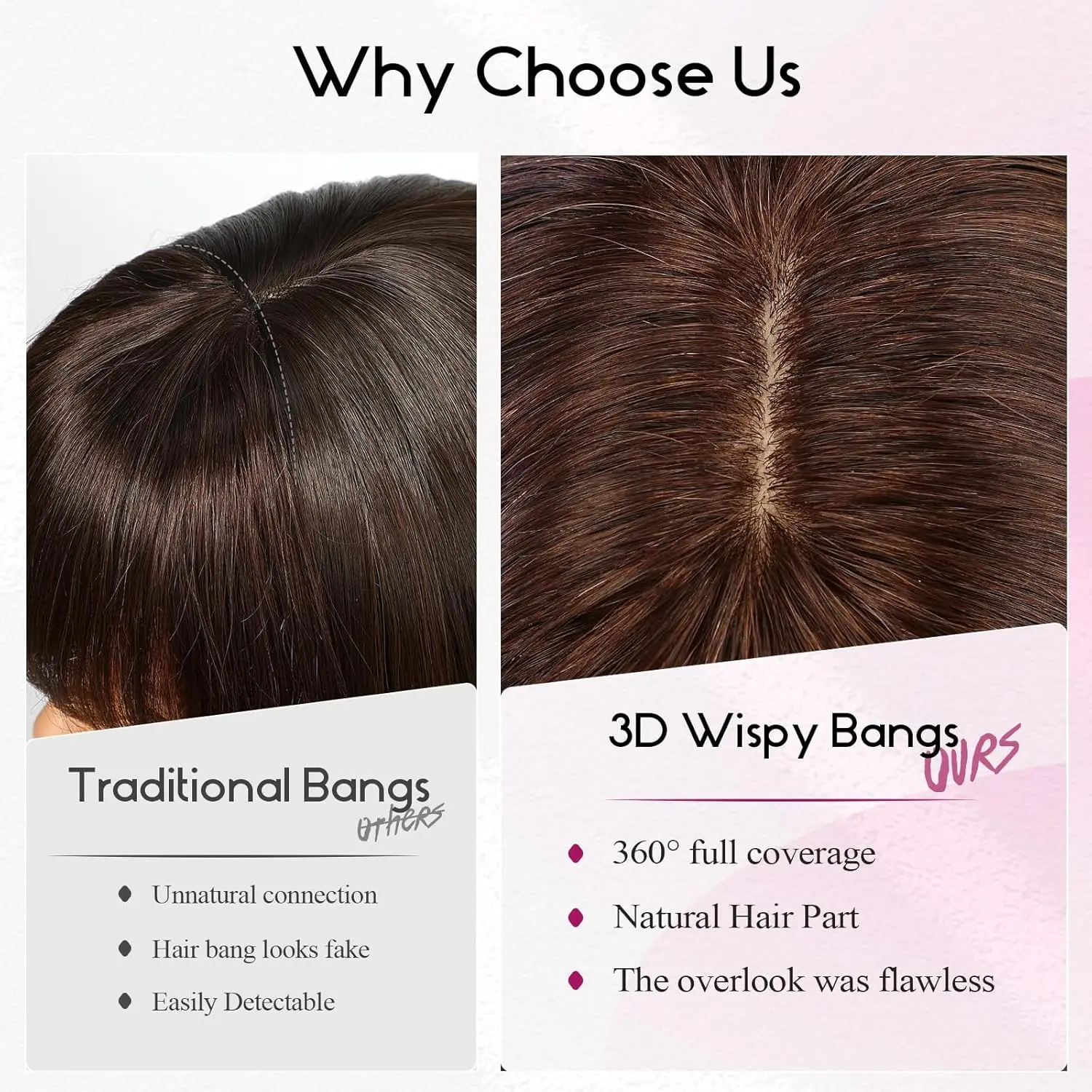 100% Remy Human Hair Bangs Hair Clip with 3 Secure Clips 360°Cover Top Hair Pieces with Wispy Fringes for Women 10 Inch Auburn