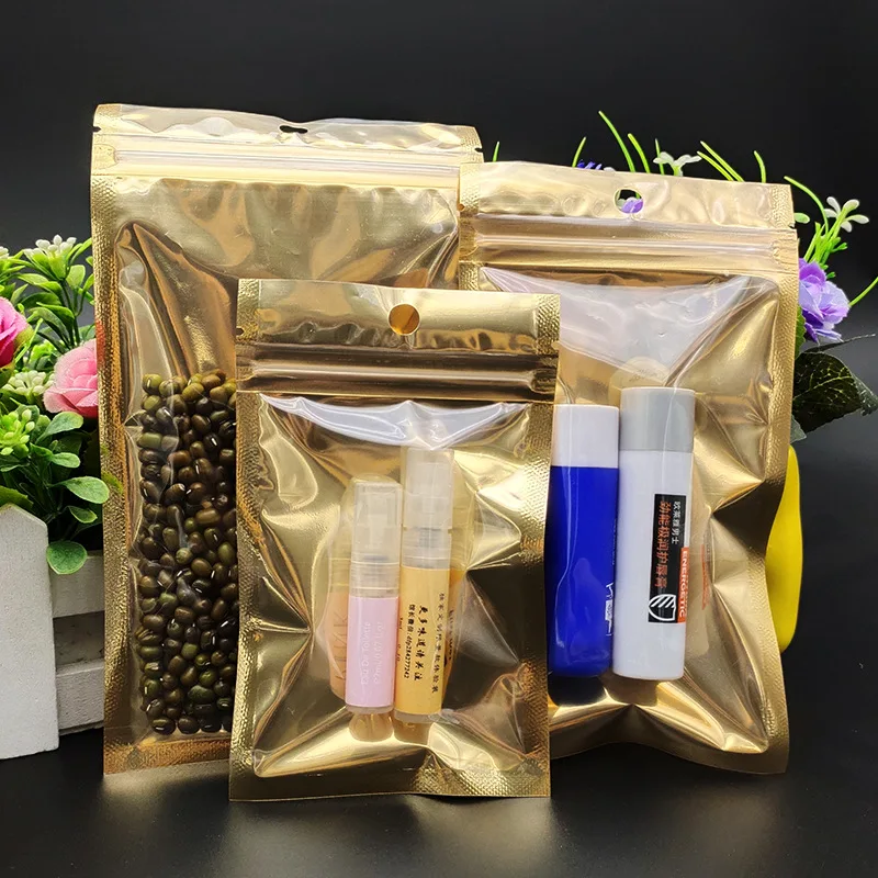 50 sztuk złota aluminiowana torba do pakowania przezroczysta torba Ziplock opakowanie na żywność torba do przechowywania wielokrotnego użytku zamek błyskawiczny Ziplock Pack Bag