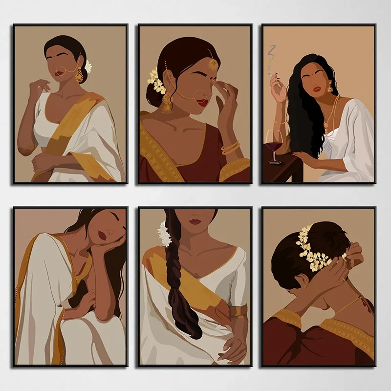 South Asian Culture Brown Girl Indian Desi Tamil Hindu Woman Poster Print Canvas Painting Wall Art Pictures for Room Home Dec