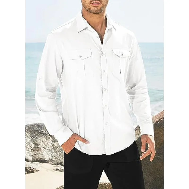 

Business Men's Single-breasted Shirt Double Pocket Cotton Linen Long-sleeved Shirt Casual Vacation Shirt