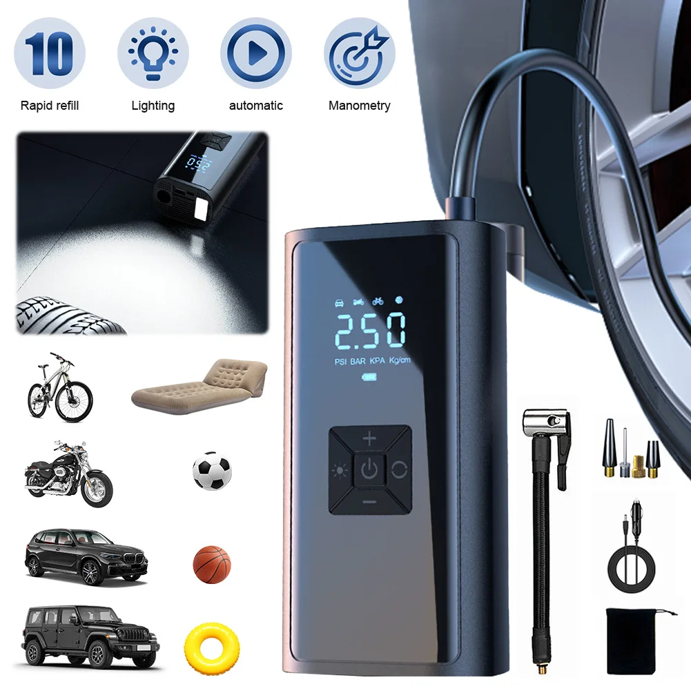 150PSI Electric Tire Pump w/ LED Light Portable Car Inflator Pump LCD Display Car Tire Inflator for Automobile Bicycle