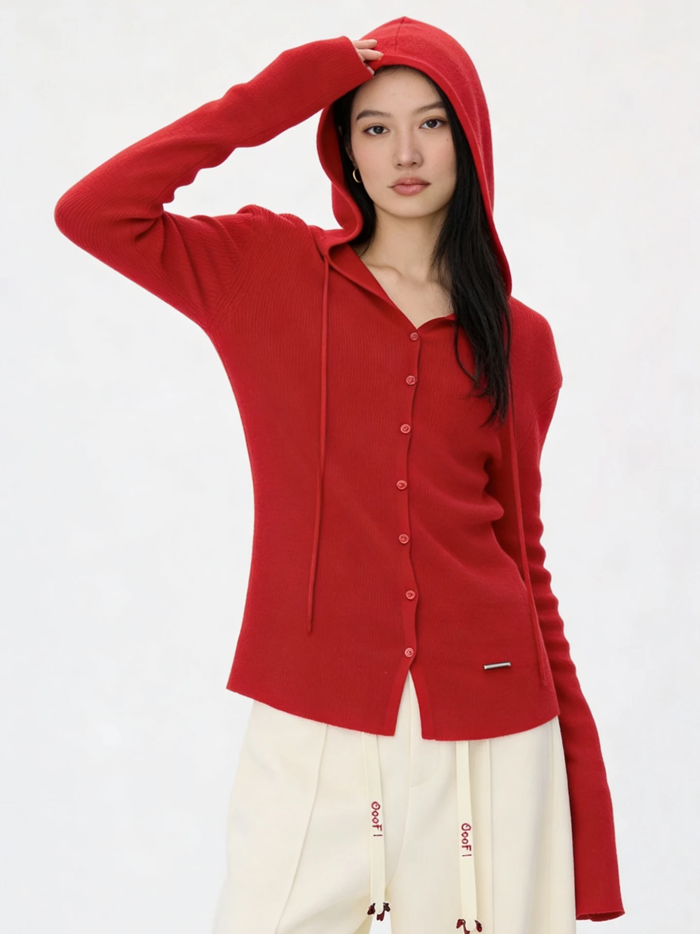 

Red Hooded Women's Knitwear Base Layer irt Spring 2026 Ooof Yang Woolen Open Cardigan Outerwear Commute Sle Slim Fit Long...