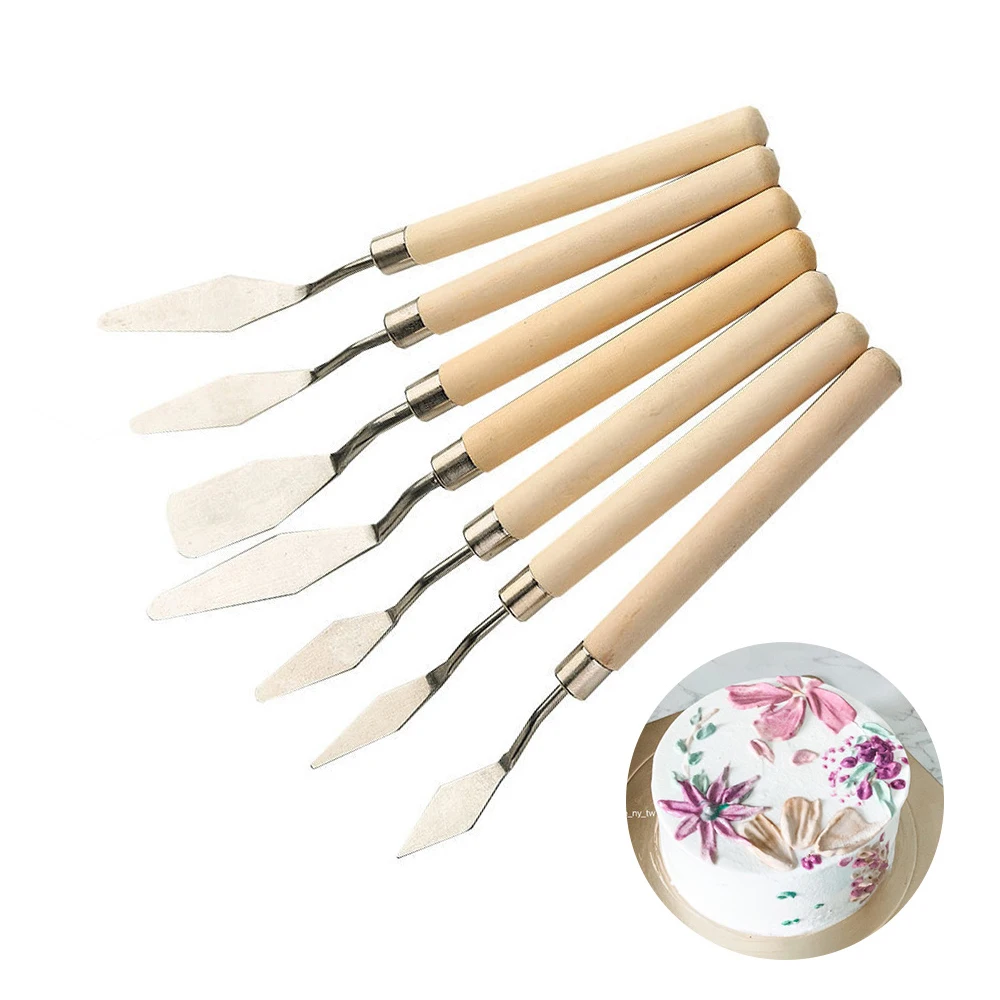 7Pcs Cake Palette Knife for Baking Mini Oil Spatula Art Small Clay Tools for Decorating/Design Plastic Wooden Handle 1023413