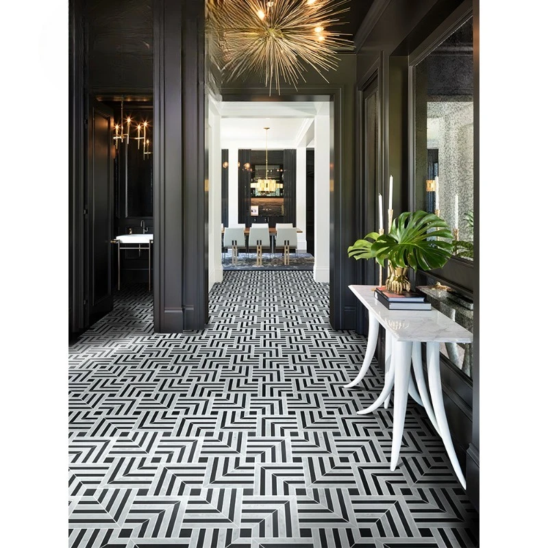 Black and white mosaic, hotel lobby bathroom floor tiles