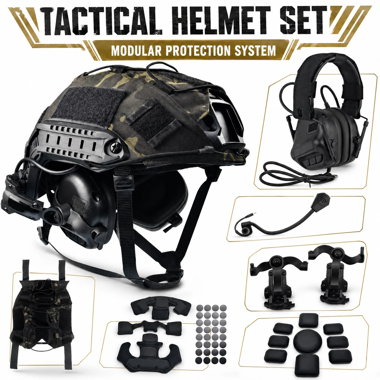 Tactical Fast Helmet Set with Headset ARC Rail Mount Helmet Cover Memory Foam Pads for Airsoft Hunting