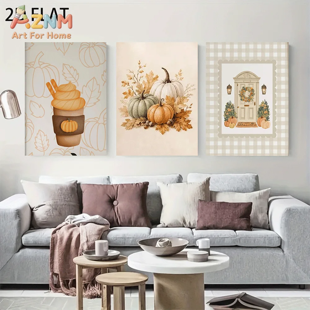 AZNM Frameless Canvas Wall Art, Autumn Pumpkin Coffee Print, Fall Maple Leaf Harvest Front Door Wreath Watercolor Art Poster for
