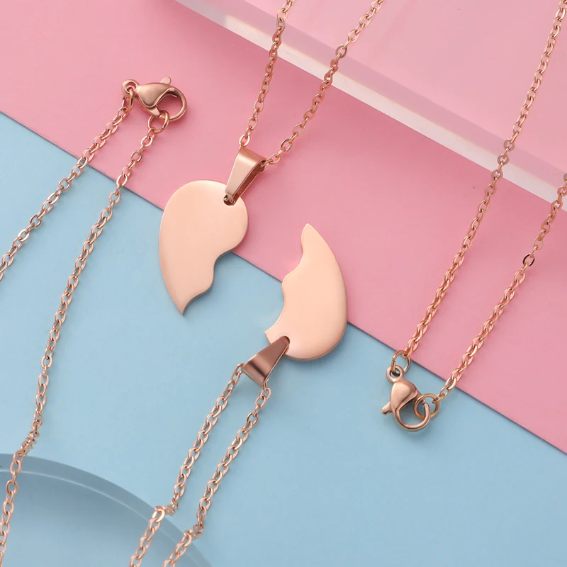 Fnixtar 5Pairs/Lot Broken Heart Stitching Pendant Necklace Mirror Polish Stainless Steel Heart DIY Custoimz BFF Necklaces