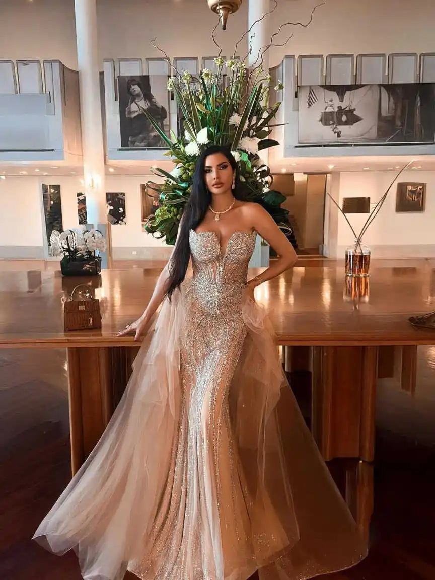 Ontwerper zeemeermin avondjurk strapless kristal kralen galajurken mode mouwloze vloerlengte feestjurken op maat