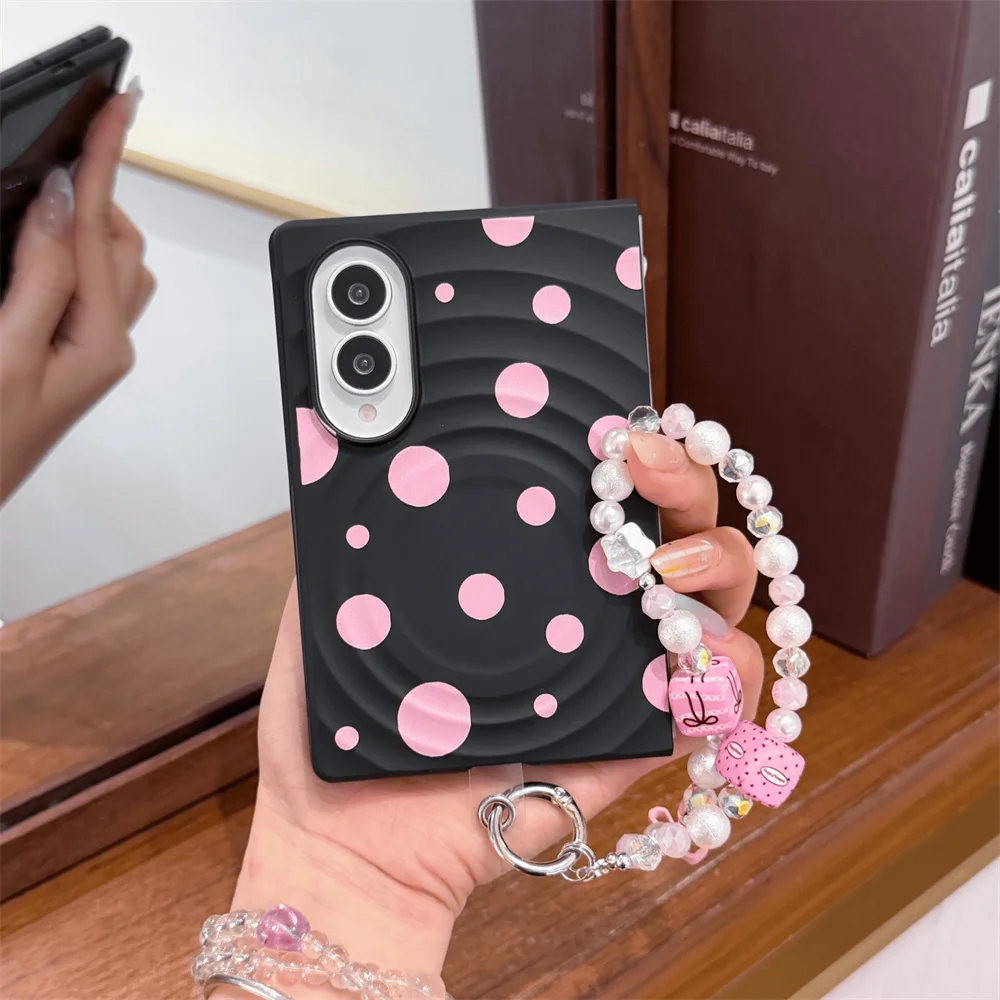 Cute Pink Polka Dot Heart Magnetic Stand Phone Case For Samsung Galaxy Z Fold8 Protective Cover With Pearl Wrist Chain