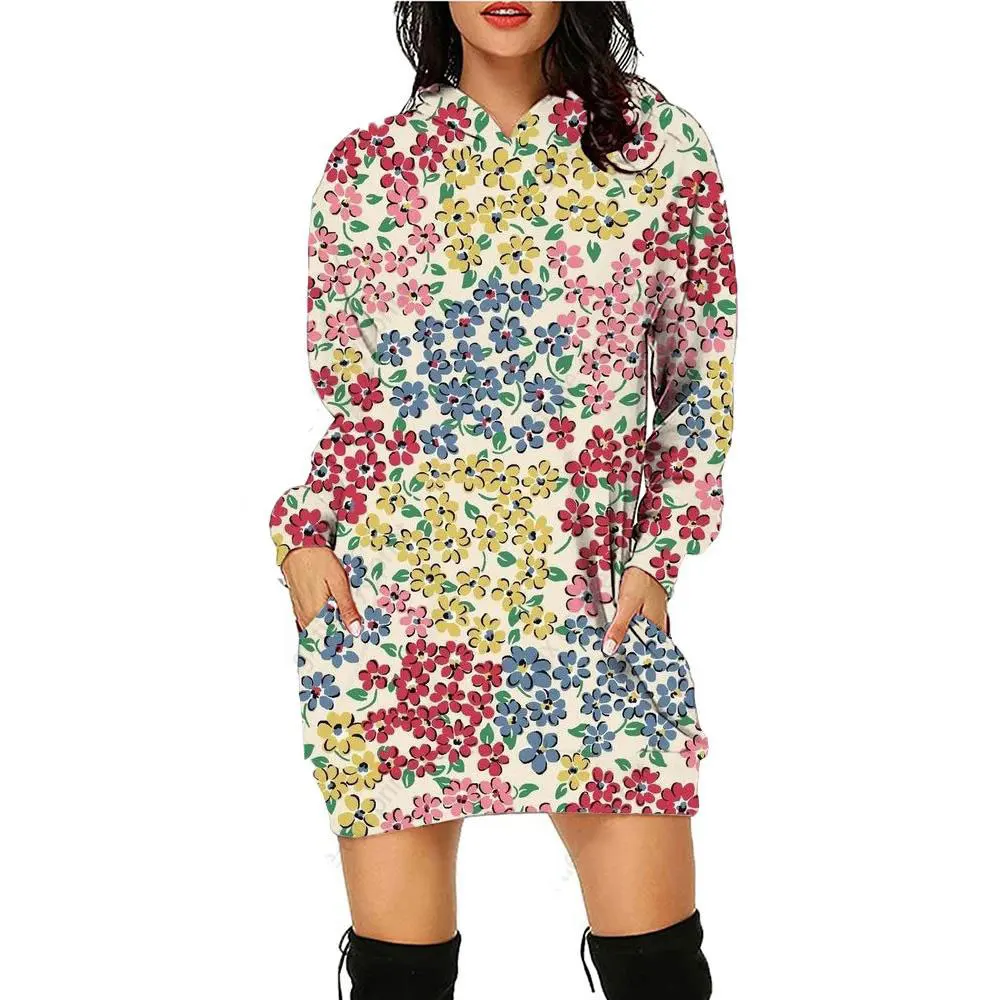 New 3D printed flower women's hoodie dress, autumn and winter long sleeved loose sports shirt dress, casual pocket pullover top