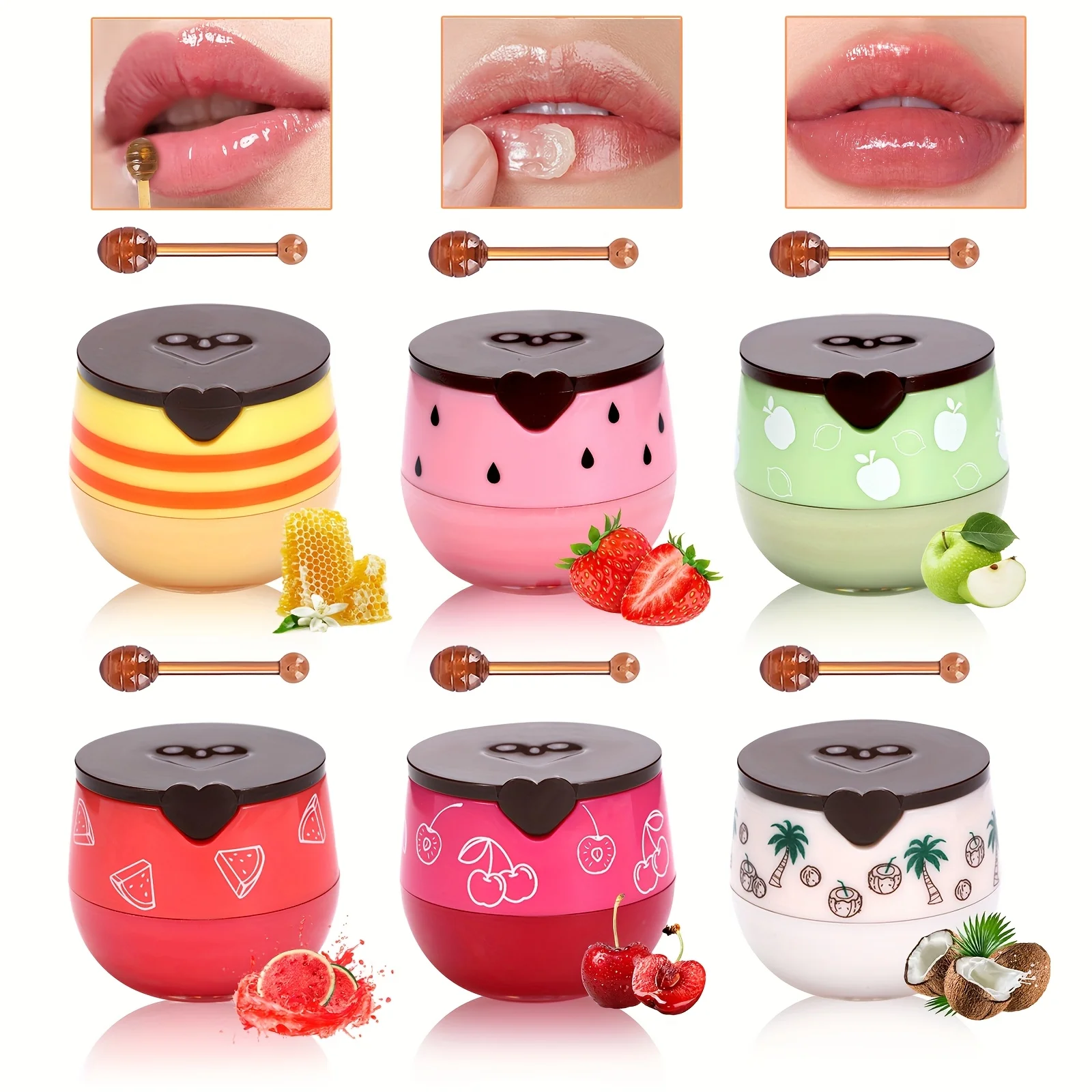 Juego de 6 pintalabios perfumados con forma de olla de miel, miel, fresa, manzana, sandía, cereza y coco, lápiz labial con propóleo, labios hidratantes con miel